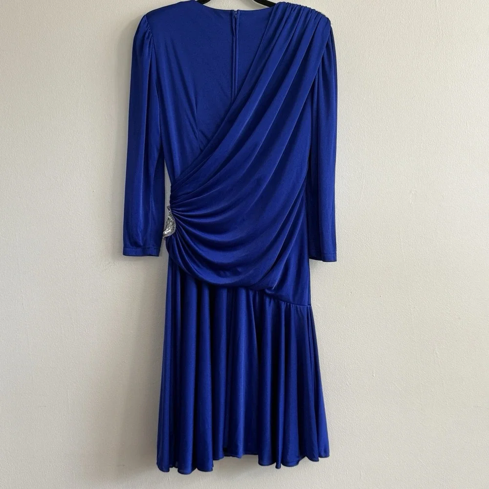 Vintage 80's Women Abby Kent Cocktail Dress Ruched Blue Size 8 Sequins Sequins‎